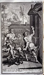 Ulises llega a la casa del Pastor Eumeo, o puede ser devorado por perros. Ilustración para el libro XIV de la Odisea de Homero, en la Odisea, publicada en Ámsterdam en 1731, Colección privada Milán.