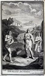 Ulises escapa del naufragio, y aunque desnudo pero forzado por la necesidad se acerca a Nausícaa, hija de Antínoo (Antinoos). Ilustración para el libro VI de la Odisea de Homero, en la Odisea, publicada en Ámsterdam en 1731, Milán.