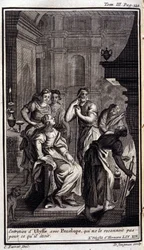 Ulises entrevista con Penélope, quien no lo reconoce. Ilustración para el libro XIX de la Odisea de Homero, en la Odisea, publicada en Ámsterdam en 1731, Colección privada Milán