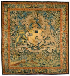 Tapiz de verdor con las armas de Robert Dudley, conde de Leicester, hacia 1570-1585 (lana, seda)