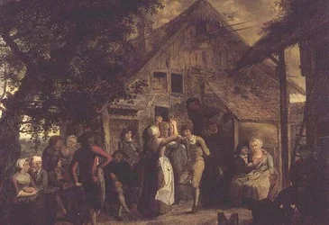 Aldeanos festejando fuera de una granja