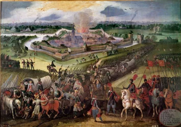 Guerra contra los Países Bajos: "Vista de la ciudad de Ardres": el Archiduque Alberto de Austria tomó la ciudad en 1596. Pintura de la Escuela Flamenca del siglo XVII. Real Monasterio de El Escorial, El Escorial, España
