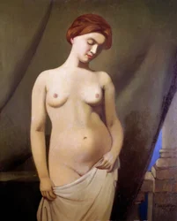 Desnudo femenino, cortina verde