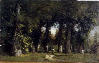 Borde de bosque (anverso), Paisaje animado (reverso), entre 1850 y 1860 (óleo sobre madera)