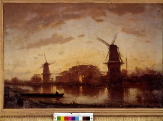 Las orillas del río Amstel paisaje con molinos en los Países Bajos. Pintura de Félix Ziem (1821-1911). 1852. Dim. 1,01 X 1,50 m. Burdeos, Museo de Bellas Artes