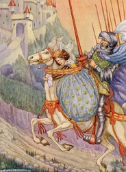 El capitán galopó hasta un castillo en lo alto de una colina (litografía en color)