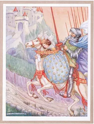 El capitán se alejó al galope hacia un castillo en lo alto de la colina (litografía en color)