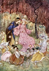 Pareja y elfos - en “Mi Tierra de Hadas” por Fiona Malcom, ilustración de Florence Anderson