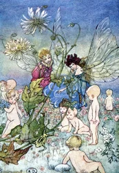 Mujer-libélula (hada) y elfo rodeados de bebés - en "Mi Tierra de Hadas" por Fiona Malcom, il. Florence Anderson