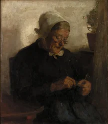 Vieja tejiendo (óleo sobre lienzo)