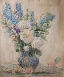 Rosas blancas y delfinios
