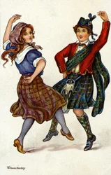 Pareja bailando en traje tradicional escocés. Cromolitografía de Florence Hardy