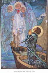 Tres ángeles portan el Santo Grial (Sir Galahad) (litografía en color)