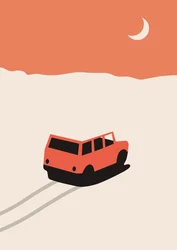 Coche rojo en el desierto con luna