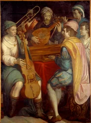 Concierto. Músicos de laúd, espineta, trombón y viola de gamba. Pintura anónima de la Escuela Florentina 1550-1600