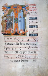 Inicial iluminada con un obispo bendiciendo una iglesia (Corale 2, c. 1), para el libro de coro 2 de Santa Maria degli Angeli