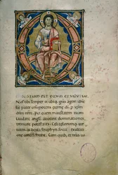Página iluminada con Cristo en Majestad y símbolos de los evangelistas (Cod. Calci, ms. 36, c. 120)
