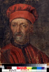 ""Retrato del rico banquero florentino Luca Pitti (1394-1472)"" Dio su nombre al palacio Pitti) Pintura de la escuela florentina de principios del siglo XVI Galería de arte regional Deineka, Kursk Rusia