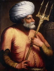 Retrato de Khair el-Din Barbarossa, medio cuerpo, sosteniendo un tridente