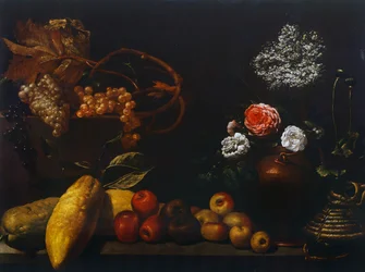 Naturaleza muerta con jarra de cobre, rosas, uvas, flores de saúco, cítricos y manzanas