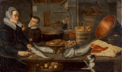 Un bodegón de cocina con una criada limpiando pescado en una mesa y un niño sosteniendo una manzana