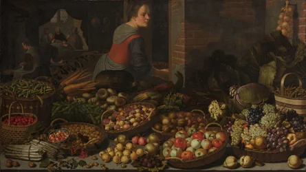 Bodegón con frutas y verduras, con Cristo de Emaús al fondo