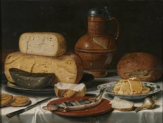 Bodegón con queso, arenque, pan y vino