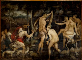 Diana (Artemisa), diosa de la caza, y Acteón, cazador. Pintura de la Escuela de Fontainebleau (siglo XVI)