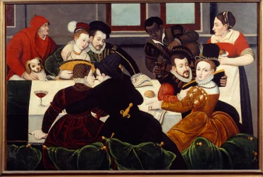 La comida galante Parejas enlazadas, un sirviente de piel negra. Pintura de la Escuela de Fontainebleau. Siglo XVI Aix en Provence, Musee Granet