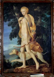 La diosa armada con un arco acompañada por un perro