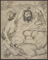 David y Goliat, caricatura para vidriera en Jesus College, Cambridge