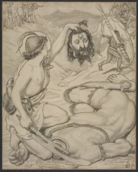 David y Goliat, Cartón para vidriera en Jesus College, Cambridge, 1872