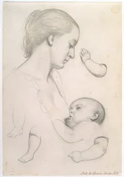 Comida del infante - Estudio de una madre y un niño con estudios separados del brazo y la pierna del niño, 1848