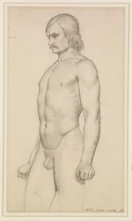 Desnudo masculino - Estudio académico, desnudo de tres cuartos, con bigote y puños cerrados