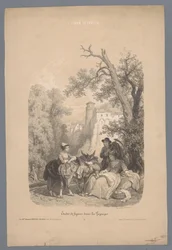 Compañerismo con un burro frente a un pueblo de montaña italiano Estudios de figuras en un paisaje (título de serie) L