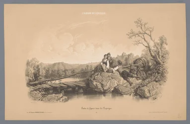 mujer, con, dos, niños, por, un, lago, con, un, castillo Estudios de figuras en un paisaje (título de serie) L