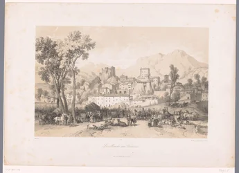 Vista de un pueblo con mercado de bestias en un valle
Le Marché aux Bestiaux (título en el objeto)