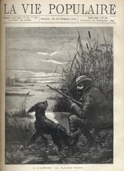 Un cazador de aves observa en un pantano con su perro. Ilustración de F. Meaulle para "¡Ojalá!" de Alphonse Daudet (1840-1897). Grabado de 1890 en "La vie populaire". Colección privada