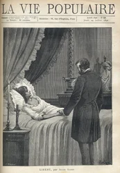 Un hombre abrumado por la tristeza, de pie junto a la cabecera de una cama, sostiene la mano de su amada mujer muerta. En la mesita de noche, una vela encendida y un crucifijo. En el dintel de la chimenea, una copa y una escultura de mujer con traje antigu