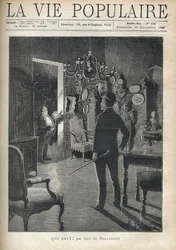 Un hombre sorprende a un intruso en casa en medio de la noche. Ilustración de F. Meaulle después de B. Borione para "¿Quién sabe?" de Guy de Maupassant (1850-1893). Grabado de 1890 en "La vie populaire". Colección privada