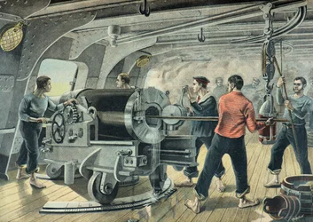 Una batería de la marina bombardea Santiago de Cuba, Guerra Hispano-Americana en 1898 (Grabado)