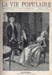 Un joven rubio guapo, con mala apariencia, acaba de hacer su propuesta, ve a la chica reírse, derramada sobre su silla, bajo la mirada atónita de su padre. Ilustración para Puyjoli por Jules Claretie (1840-1913). Grabado por Fortune Meaulle (184)