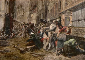 Un episodio del asedio en Lille, octubre de 1792 - Asedio de Lille en 1792: la peluca Maes usando una bomba como plato de barba para afeitar a un cliente - grabado de Meaulle después de la pintura de Gaston Melingue