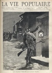 Un soldado, cargando todo su equipo, un rifle con bayoneta y agitando una linterna frente a la puerta cerrada de una casa de pueblo. Detrás de él, cerca de la Cruz de Hierro, el resto de la tropa llega para unirse a él. Ilustración de Montegut (?), para Le