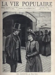 Una joven con un sombrero con velo que cubre su rostro, sosteniendo un paraguas y un libro, habla con un joven elegante, traje y sombrero de copa, manos en los bolsillos. Detrás de ellos un grupo de mujeres severas, abrigo oscuro y veladas. Están siendo ob