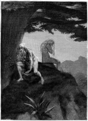 Adán y Eva. Dibujo de tumbas de Meaulle, ilustrando el poema de Victor Hugo "Les misheureux", en la colección "Les contemplations", edición Paul Ollendorff, principios del siglo XX.