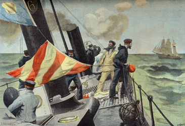 Captura de un buque mercante español, guerra hispano-estadounidense de 1898 (Grabado)