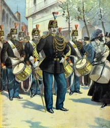 Desfile de músicos y tambor mayor de la Guardia Republicana, París 1896 (Grabado)