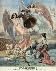 Pascua, el retorno de las campanas, alegoría de la reunificación de Alsacia con Francia en 1899 (Grabado)
