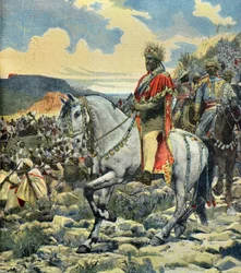 Retrato ecuestre del rey Menelik 2 en la batalla de Adoua